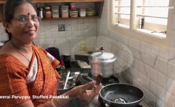 Lunch: Vendhaya Keerai Paruppu, Pavakkai fry(Stuffed Bittergourd)